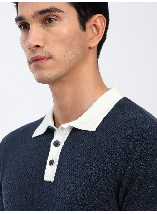 Beyoung Navy Blue Contrast Collar Flat Knit Polo T-Shirt for Men - Image 5