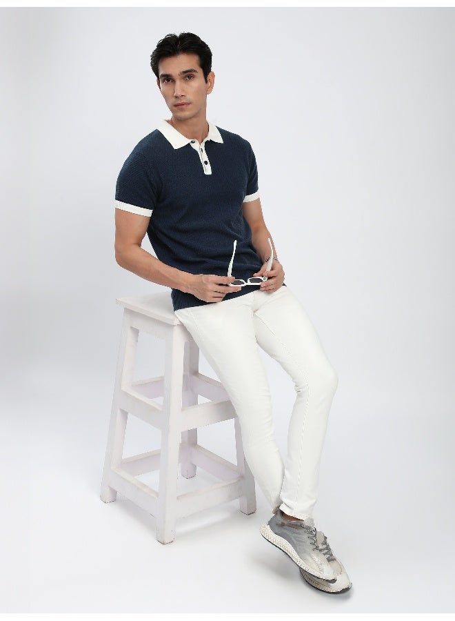 Beyoung Navy Blue Contrast Collar Flat Knit Polo T-Shirt for Men - Image 4