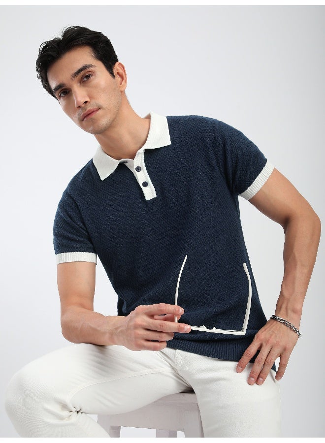Beyoung Navy Blue Contrast Collar Flat Knit Polo T-Shirt for Men - Image 3
