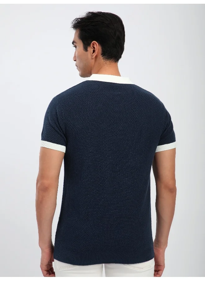 Beyoung Navy Blue Contrast Collar Flat Knit Polo T-Shirt for Men