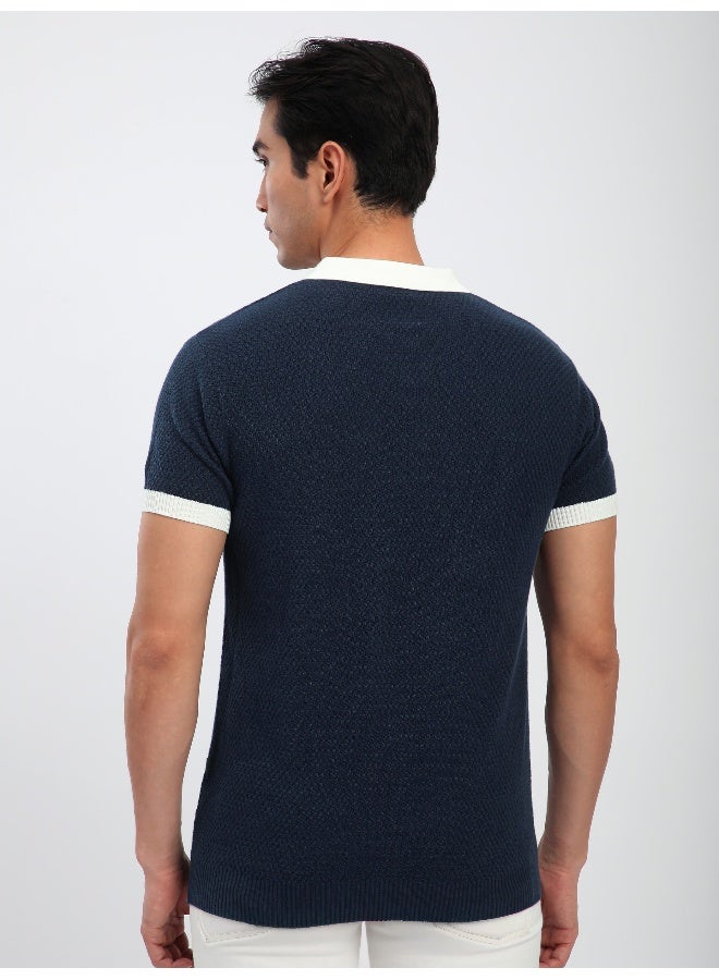 Beyoung Navy Blue Contrast Collar Flat Knit Polo T-Shirt for Men - Image 2