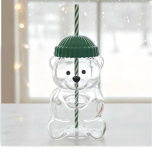 JOLINO Bear Straw Glass Cup 20oz ，Eco-Friendly Cute Bear with Lid & Reusable Straw, Cute Animal Design Glass Cup for Boba, Smoothies & Iced Coffee and Cocktails，Dishwasher Safe - Image 1