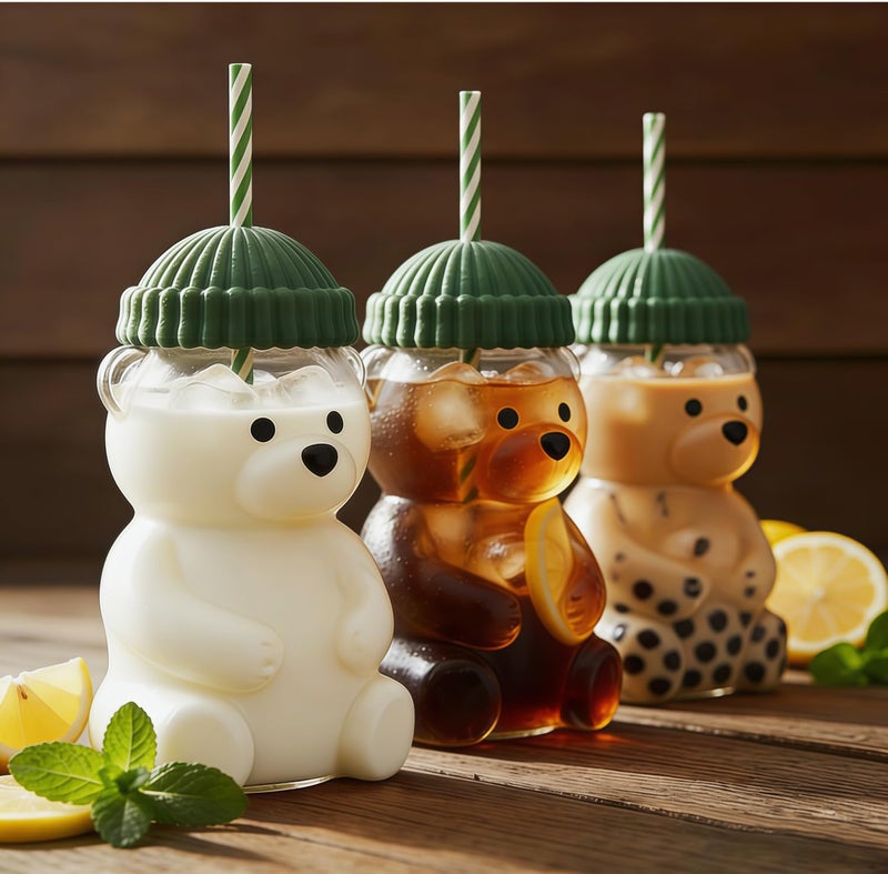 JOLINO Bear Straw Glass Cup 20oz ，Eco-Friendly Cute Bear with Lid & Reusable Straw, Cute Animal Design Glass Cup for Boba, Smoothies & Iced Coffee and Cocktails，Dishwasher Safe - Image 2