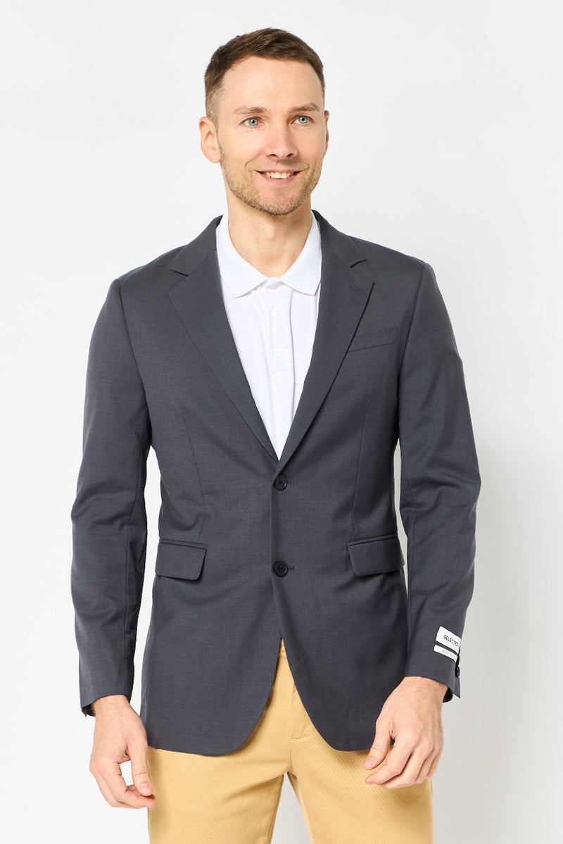 SELECTED Men Slim Fit Solid Semi Formal Blazer, Dark Grey - Image 1