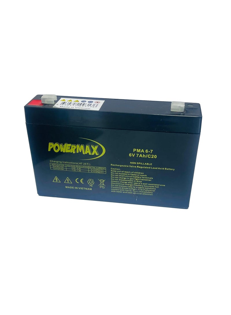 Power Max POWERMAX PMA 6-7 6V 7Ah Rechargeable Sealed Lead Acid (SLA) Battery | Non-Spillable VRLA Backup Battery for UPS, CCTV, Emergency Lighting, Alarms, Kids Ride-On Toys, Access Control & Solar Systems - Image 1