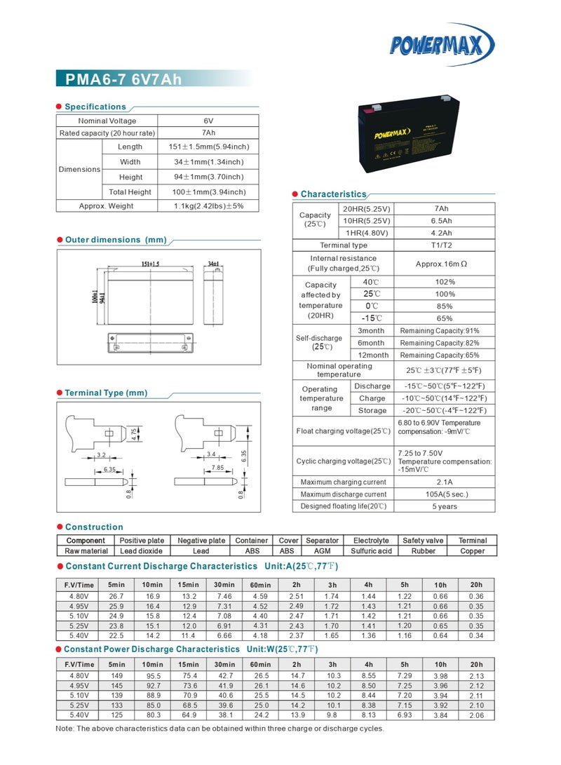 Power Max POWERMAX PMA 6-7 6V 7Ah Rechargeable Sealed Lead Acid (SLA) Battery | Non-Spillable VRLA Backup Battery for UPS, CCTV, Emergency Lighting, Alarms, Kids Ride-On Toys, Access Control & Solar Systems - Image 2