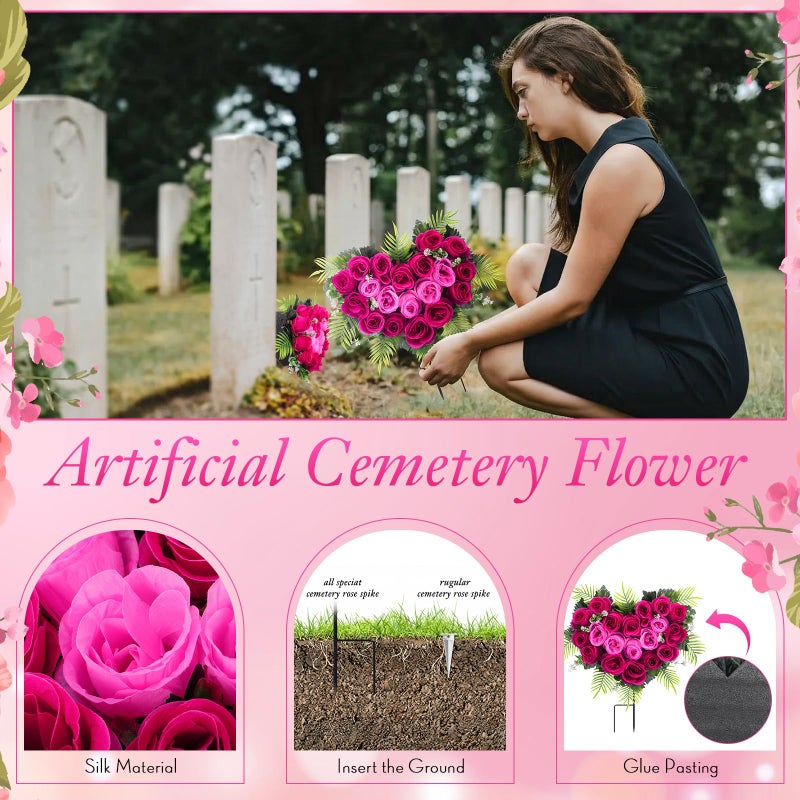 Luinabio 2 Sets Valentine Day Cemetery Flowers for Grave Heart Shaped Memorial Grave Wreath with Ground Spike Hot Pink Fuchsia Rose Flower Bouquet for Outdoor Headstone Graveside Decorations - Image 3