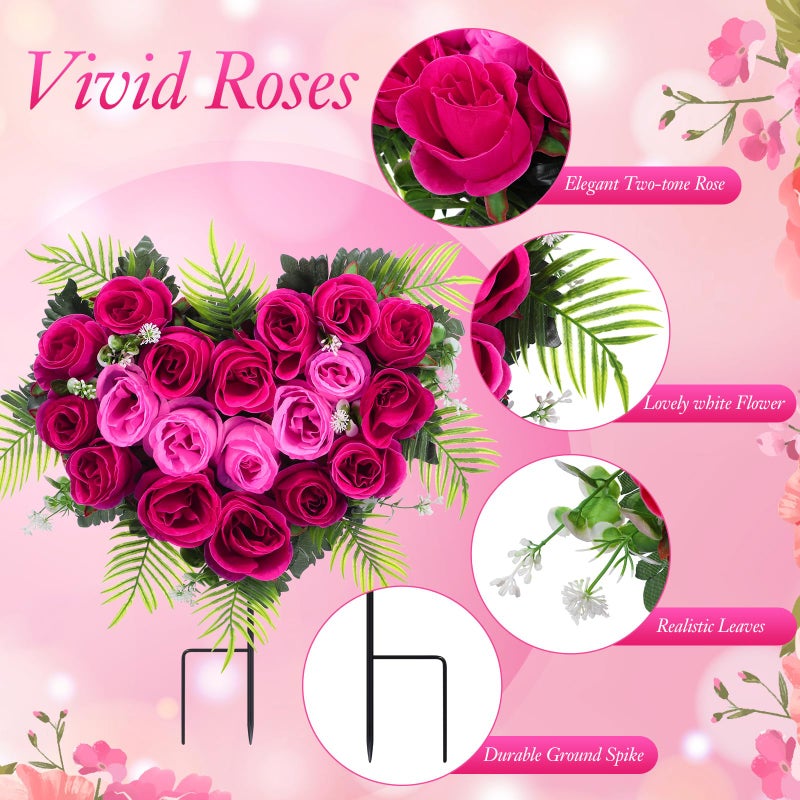 Luinabio 2 Sets Valentine Day Cemetery Flowers for Grave Heart Shaped Memorial Grave Wreath with Ground Spike Hot Pink Fuchsia Rose Flower Bouquet for Outdoor Headstone Graveside Decorations - Image 5