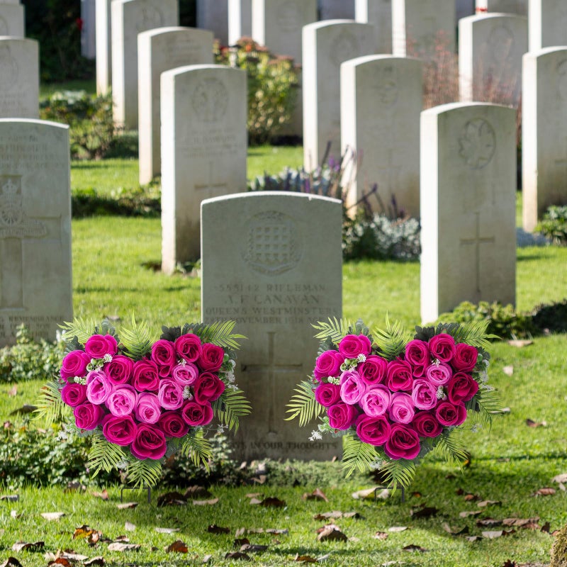 Luinabio 2 Sets Valentine Day Cemetery Flowers for Grave Heart Shaped Memorial Grave Wreath with Ground Spike Hot Pink Fuchsia Rose Flower Bouquet for Outdoor Headstone Graveside Decorations - Image 4