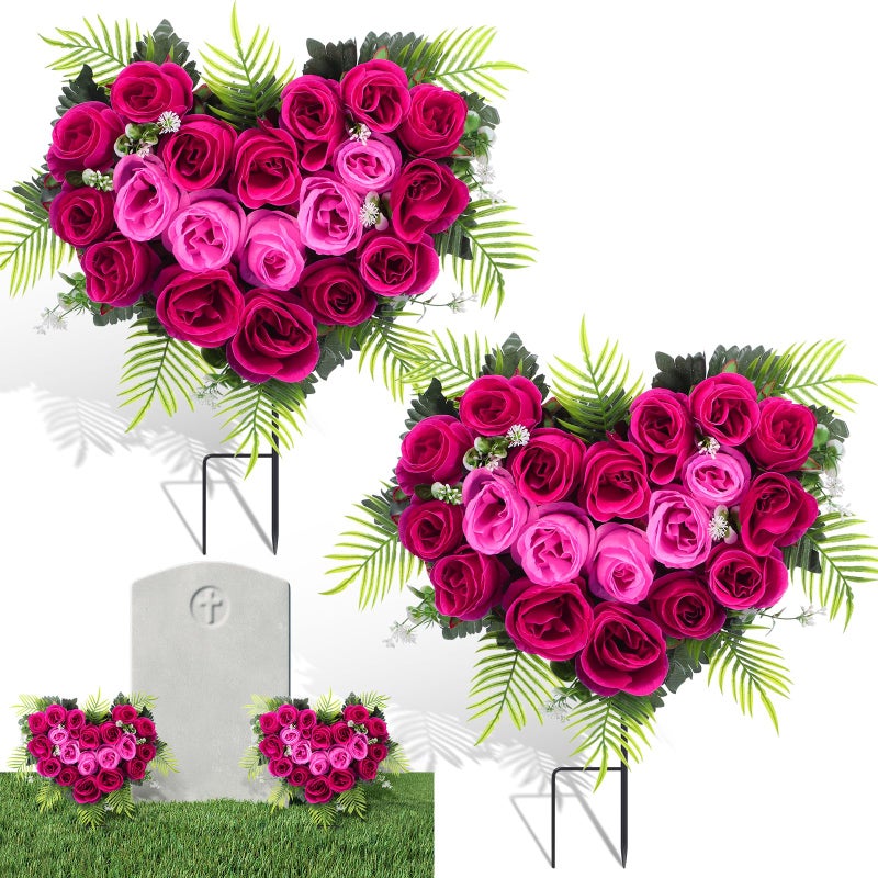 Luinabio 2 Sets Valentine Day Cemetery Flowers for Grave Heart Shaped Memorial Grave Wreath with Ground Spike Hot Pink Fuchsia Rose Flower Bouquet for Outdoor Headstone Graveside Decorations - Image 1