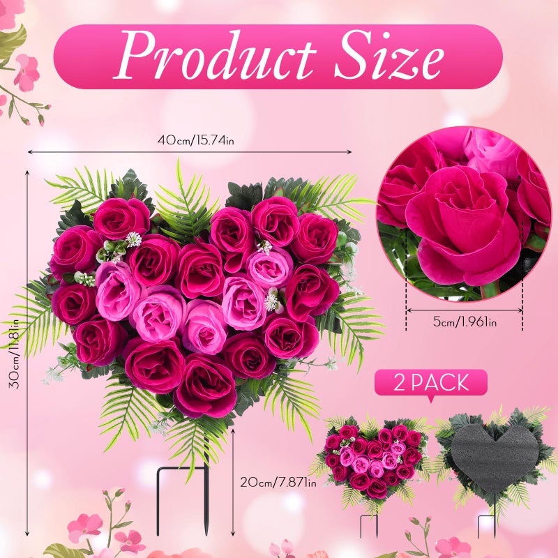 Luinabio 2 Sets Valentine Day Cemetery Flowers for Grave Heart Shaped Memorial Grave Wreath with Ground Spike Hot Pink Fuchsia Rose Flower Bouquet for Outdoor Headstone Graveside Decorations - Image 2