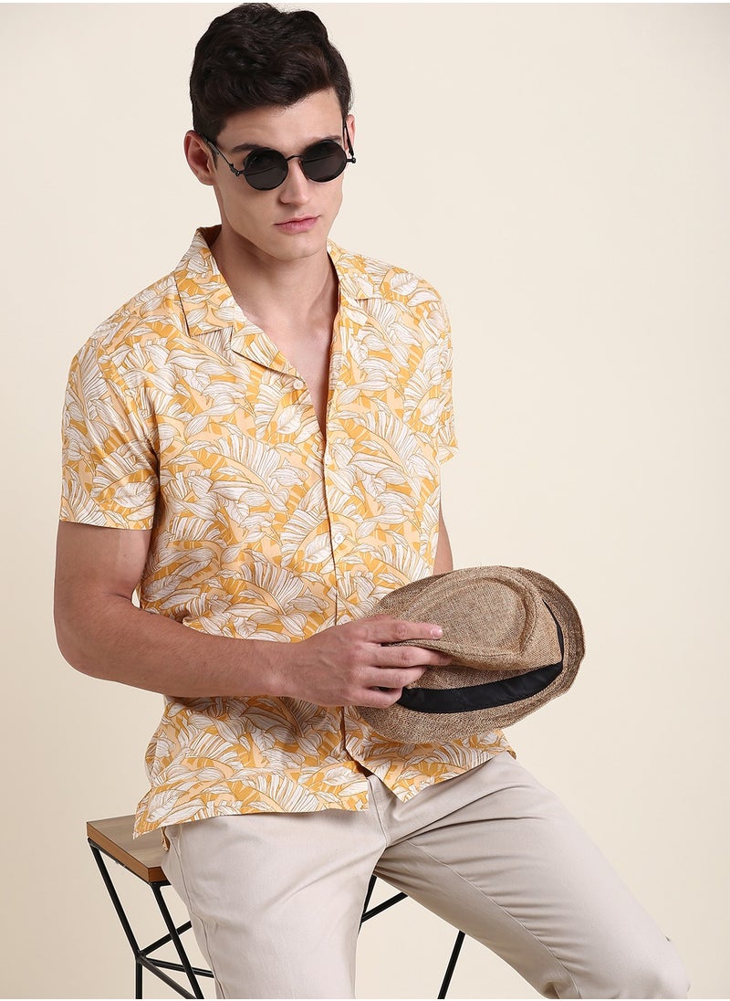 Dennis Lingo Yellow Slim Fit 100% Cotton Printed Shirt for Men - Cuban Collar, Half Sleeves, Casual,  - Image 3