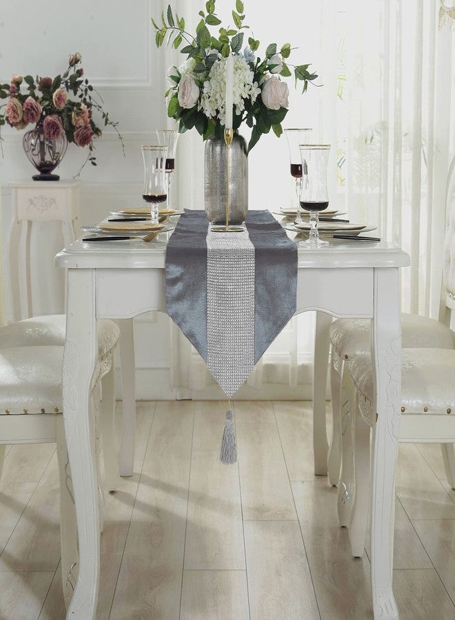 Jeloris Sequined Rhinestone Diamond Table Runner Luxurious Long Table Runner with Tassels for Dining Christmas Wedding Party Tabletop Decorations (13" x 72", Grey) - Image 2