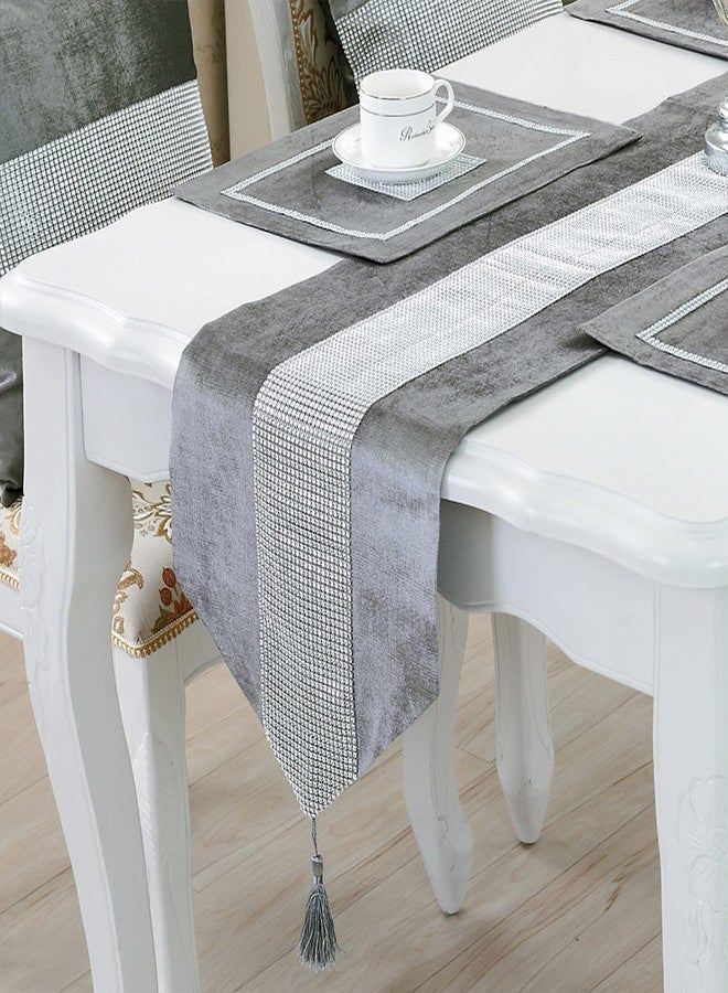 Jeloris Sequined Rhinestone Diamond Table Runner Luxurious Long Table Runner with Tassels for Dining Christmas Wedding Party Tabletop Decorations (13" x 72", Grey) - Image 1