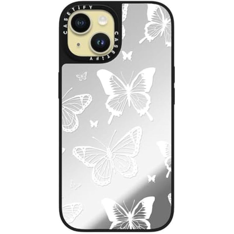 Casetify Mirror iPhone 15 Case 【Reflective / 4.9ft Drop Protection/Compatible with Magsafe】 - White Transparent erfly Pattern - Silver on Black - Image 2
