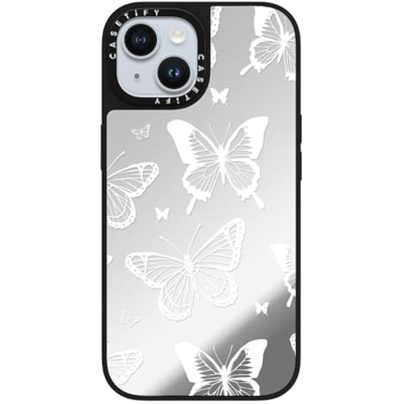 Casetify Mirror iPhone 15 Case 【Reflective / 4.9ft Drop Protection/Compatible with Magsafe】 - White Transparent erfly Pattern - Silver on Black - Image 4