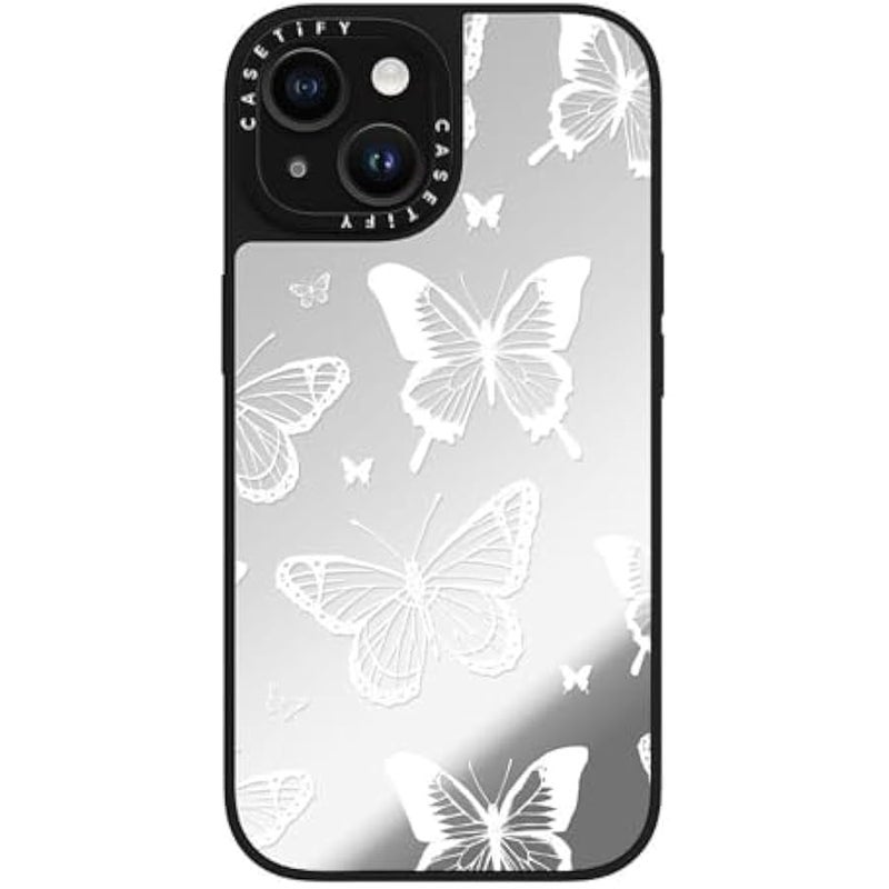Casetify Mirror iPhone 15 Case 【Reflective / 4.9ft Drop Protection/Compatible with Magsafe】 - White Transparent erfly Pattern - Silver on Black - Image 5