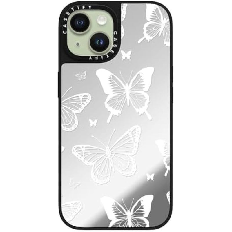 Casetify Mirror iPhone 15 Case 【Reflective / 4.9ft Drop Protection/Compatible with Magsafe】 - White Transparent erfly Pattern - Silver on Black - Image 3