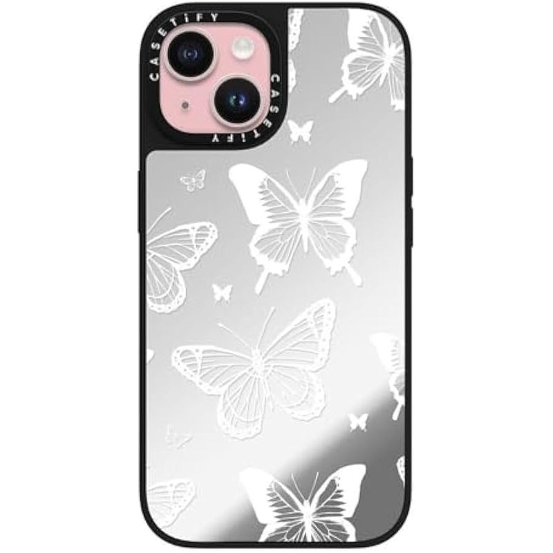 Casetify Mirror iPhone 15 Case 【Reflective / 4.9ft Drop Protection/Compatible with Magsafe】 - White Transparent erfly Pattern - Silver on Black - Image 1