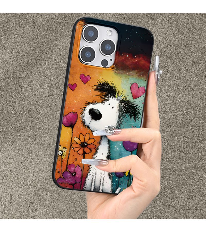 Phone Case in Black Frosted Shockproof Mobile Cover For Apple IPhone 17 Air Cartoon Dog and Flowers Pattern Trendy Gift for Men Women - Image 3