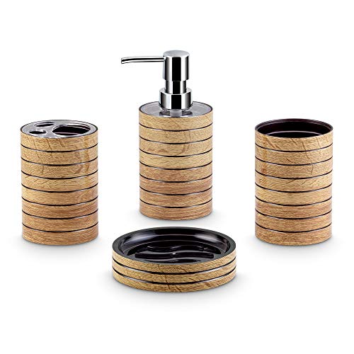 Freelance Miami Polystyrene Bathroom Accessories Set of 4, Light wood Liquid Handwash Soap Dispenser, Brush/Toothbrush Holder, Tumbler, Dish - Plastic Bathroom Set for Wash Basin Stronger than Ceramic - Image 1