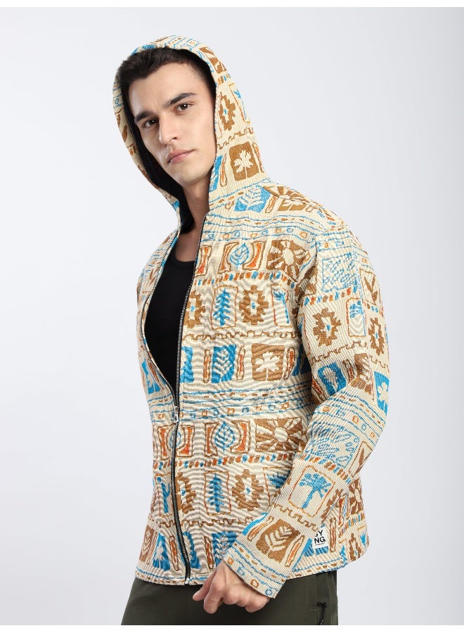 Beyoung Beige Geometric Floral Print Hoodie Shacket  - Image 4