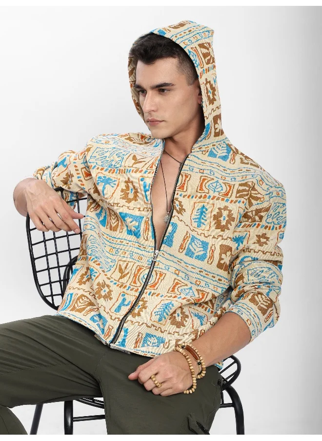 Beyoung Beige Geometric Floral Print Hoodie Shacket