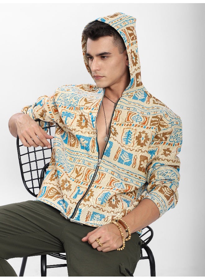 Beyoung Beige Geometric Floral Print Hoodie Shacket  - Image 1