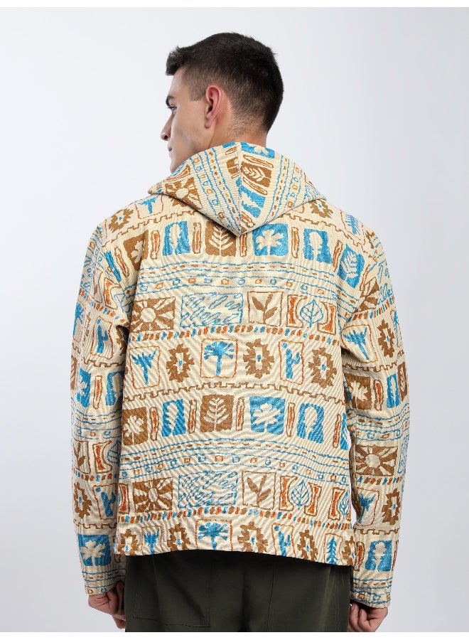 Beyoung Beige Geometric Floral Print Hoodie Shacket  - Image 3