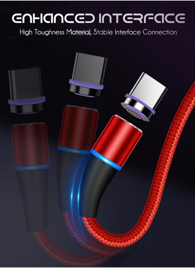 Magnetic Cable Fast Charging Nylon-Braided 3-In-1 Data Transfer Capable USB Charger Compatible With Micro USB Type C And All Product Device Red