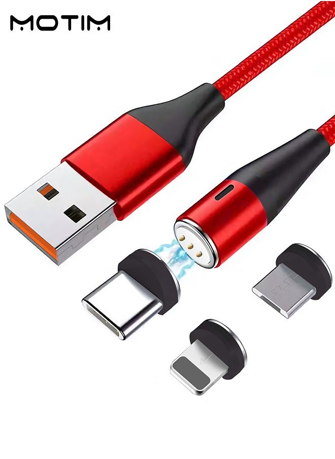 Magnetic Cable Fast Charging Nylon-Braided 3-In-1 Data Transfer Capable USB Charger Compatible With Micro USB Type C And All Product Device Red
