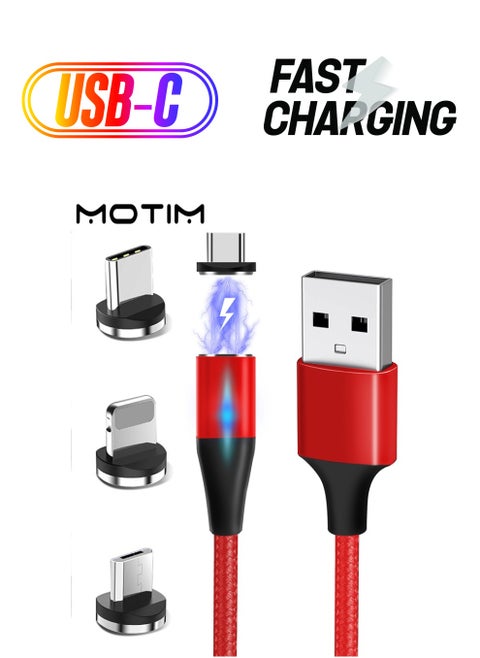 Magnetic Cable Fast Charging Nylon-Braided 3-In-1 Data Transfer Capable USB Charger Compatible With Micro USB Type C And All Product Device Red