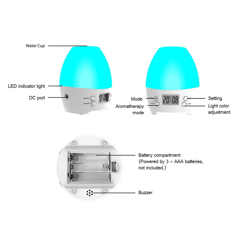 3-in-1 Alarm Clock Aromatherapy Diffuser Colorful Night Light with LCD Display Screen for Kids’ Bedroom Living Room Study Room - Image 2