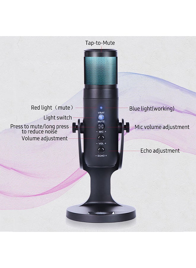 USB Condenser Microphone Tabletop Desktop RGB Microphone with Stand Computer PC Plug & Play Microphone with Colorful Lights Volume Control Headphone Connection for Audio Monitoring