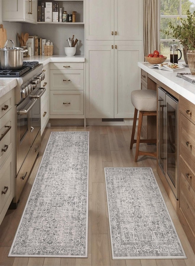HUGEAR Grey Kitchen Rug Sets 2 Piece 20x32/20X48 Inch Vintage Distressed Entryway Washable Kitchen Mats Floor Carpet Non Slip Runner Rugs for Hallway Laundry Sink Bathroom - Image 1