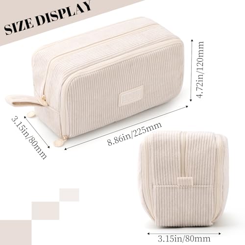 CICIMELON Big Corduroy Pen Pencil Case 3 Compartments Pouch Bag for School Supplies Office Travel Organizers, Cream - Image 5