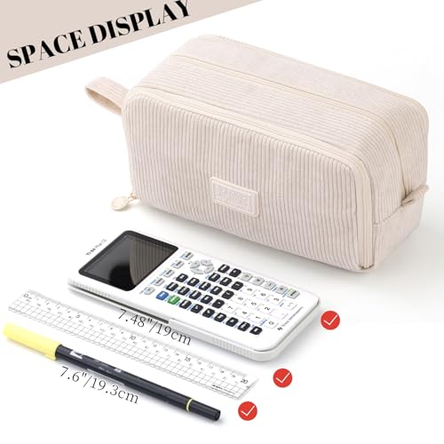 CICIMELON Big Corduroy Pen Pencil Case 3 Compartments Pouch Bag for School Supplies Office Travel Organizers, Cream - Image 3