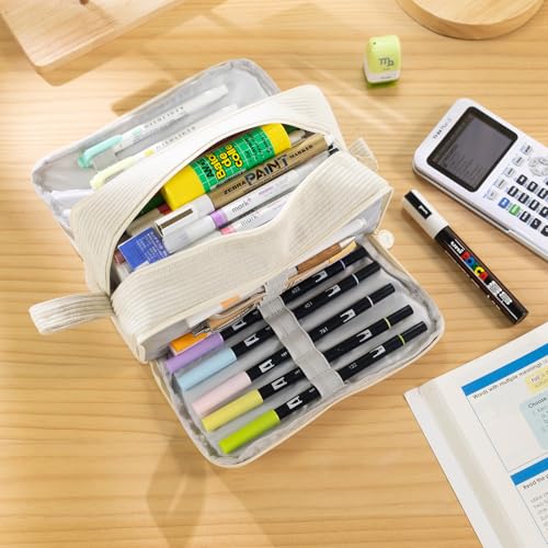 CICIMELON Big Corduroy Pen Pencil Case 3 Compartments Pouch Bag for School Supplies Office Travel Organizers, Cream - Image 2