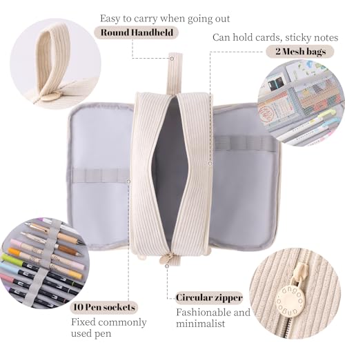 CICIMELON Big Corduroy Pen Pencil Case 3 Compartments Pouch Bag for School Supplies Office Travel Organizers, Cream - Image 4
