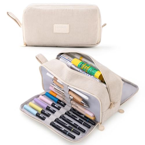 CICIMELON Big Corduroy Pen Pencil Case 3 Compartments Pouch Bag for School Supplies Office Travel Organizers, Cream - Image 1