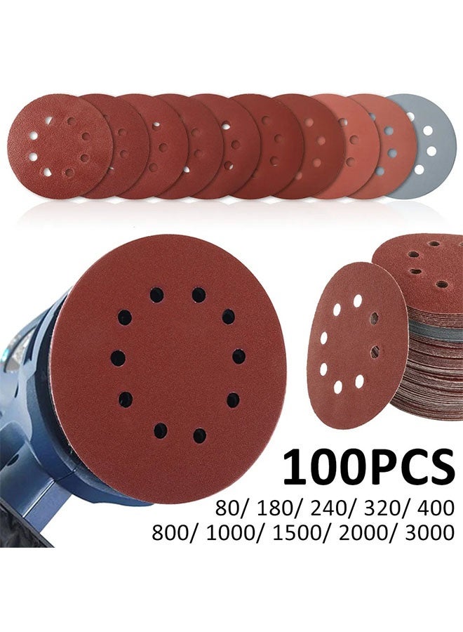 ١٠٠ قطعة أقراص صنفرة مقاس ٥ إنش بفتحات ٨ – أقراص تلميع من أكسيد الألمنيوم للخشب والمعادن والزجاج والسيارات (من 80 حتى 3000 حُبيبة) - Image 1