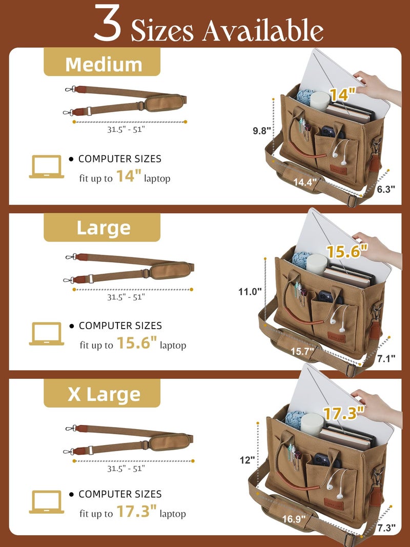 FIORETTO Canvas Tote Bag for Women with Zipper Closure & Individual Compartments for Work College, Crossbody Laptop Tote Purse Handbag with Detachable Strap & Bottom Support for Teacher & Nurse Brown - Image 3