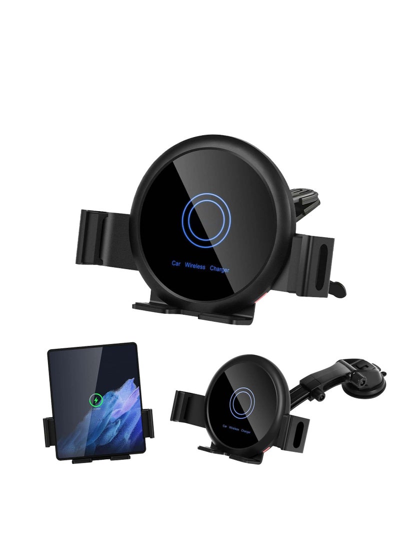Excefore 20W Qi Wireless Car Charger Mount Holder Compatible for Samsung Galaxy Z Fold4 Fold3 Z Fold2 Fold S22 Ultra, Two Coil Support Portrait Unfold Auto Clamping Charging Car Mount with Cooling Fan - Image 1