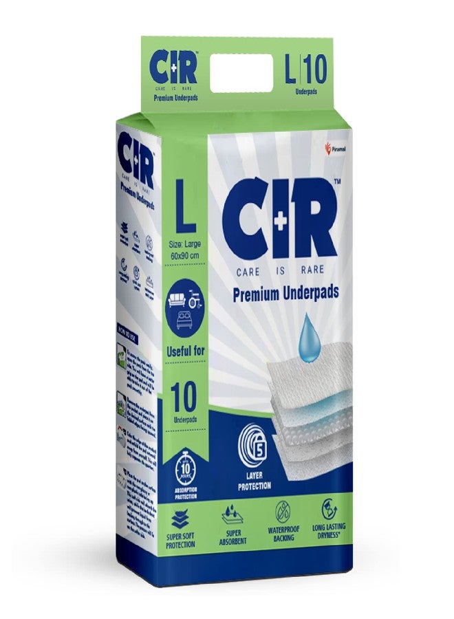 فوط صحية فاخرة من CIR، مقاس كبير (90 × 60 سم) | حماية من الامتصاص لمدة 10 ساعات | 10 فوط | مقاومة للماء | تحمي الأسطح من سلس البول | بوليمر فائق النعومة × عبوة من 1 - Image 1