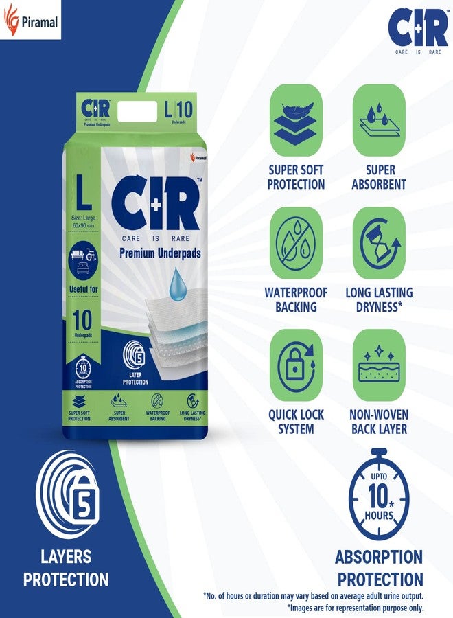 فوط صحية فاخرة من CIR، مقاس كبير (90 × 60 سم) | حماية من الامتصاص لمدة 10 ساعات | 10 فوط | مقاومة للماء | تحمي الأسطح من سلس البول | بوليمر فائق النعومة × عبوة من 1 - Image 3