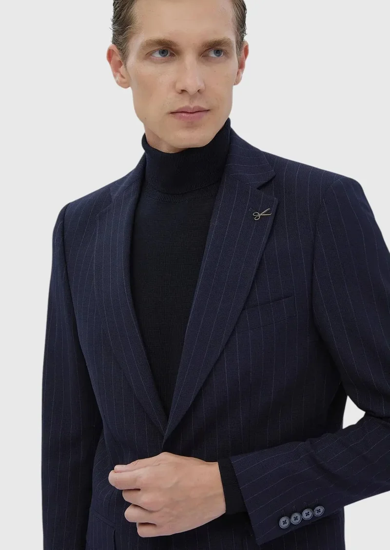 RAMSEY Navy Blue Striped Thin&Taller Slim Fit Wool Blended Suit
