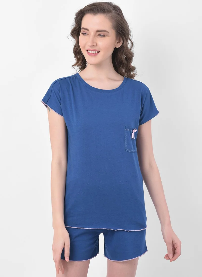 كلوفيا Clovia Chic Basic Top & Shorts Set in Blue - 100% Cotton