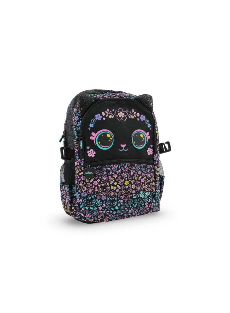 سميجل حقيبة ظهر "سميغل" (Smiggle) بتصميم القطط والزهور، مقاس 17 بوصة – لون أسود - Image 1