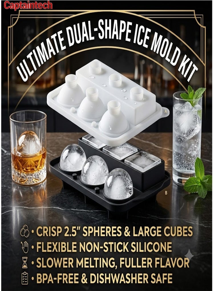 Captaintech Ultimate Dual-Shape Ice Mold Kit – Silicone Tray for 2.5" Spheres and Large Cubes – BPA-Free, Flexible, Dishwasher Safe Ice Maker for Slower Melting and Fuller Flavor - Image 1