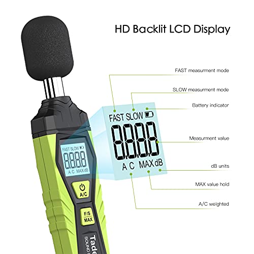 Tadeto Decibel Meter, Tadeto Digital Sound Level Meter Portable SPL Meter 30dB to 130dB MAX Data Hold with LCD Display Backlight A/C Weighted for Home Factories - Image 3